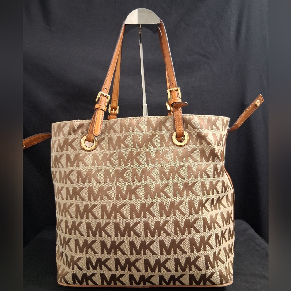 Michael Kors Canvas Gold and Brown Monogram Jet Set  Mk Tote